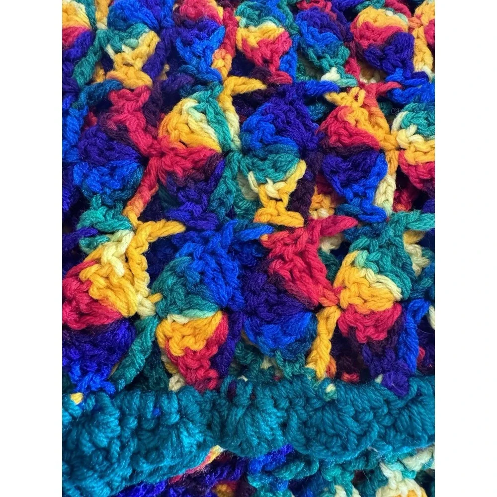 Vintage Granny Crochet Afghan Blanket Black Multi Handmade Approx 47